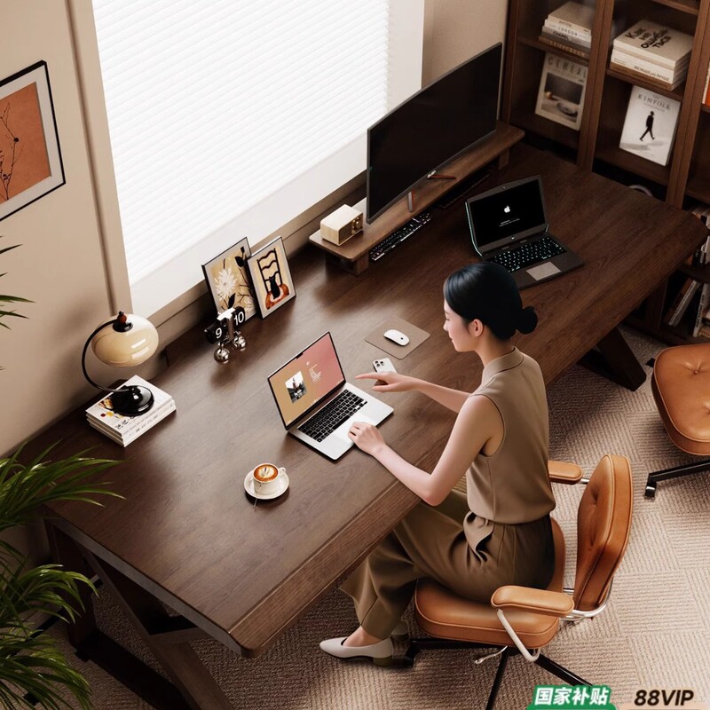 Jiayi Solid Wood Desk Double Computer Desk Desktop Mid-Century Style Living Room Long Table Workbench Office Desk Home