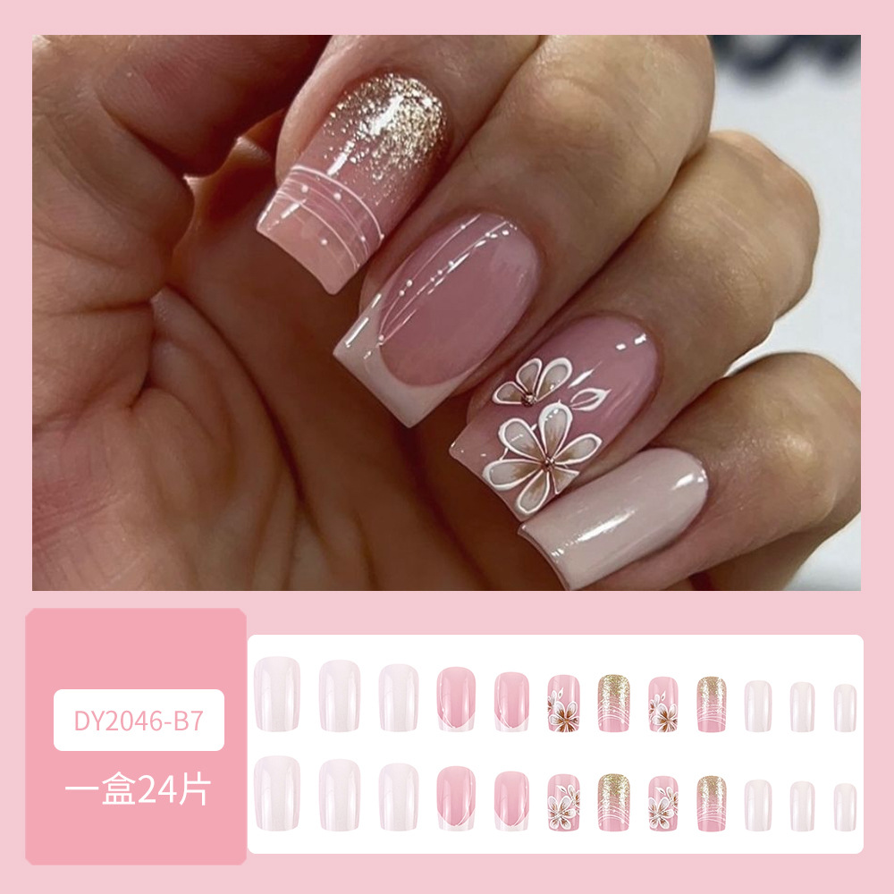 Juego de 24 piezas de uñas postizas largas blancas de gran venta, delicadas pegatinas florales para uñas, uñas postizas largas y brillantes. image 3