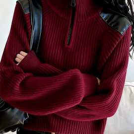 红色毛衣女半拉链针织衫宽松内搭打底衫冬季长袖上衣