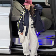中大童街拍炸街套装女童春秋短款立领拉链外套白色分割线宽松长裤