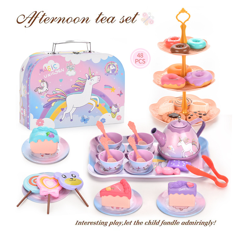 Transfronterizo juego casa simulación comida postre pastel café hojalata té tarde té niños dinosaurio regalo portátil