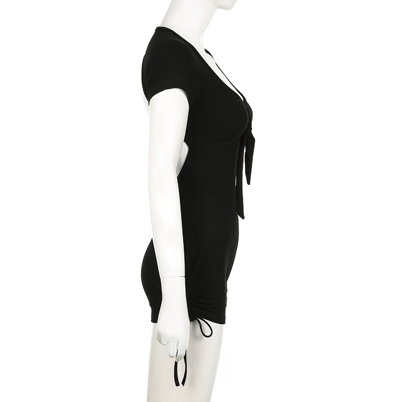 Summer Backless Drawstring Strap Sports Short Sleeved Jumpsuit Pleated Sexy Jumpsuit