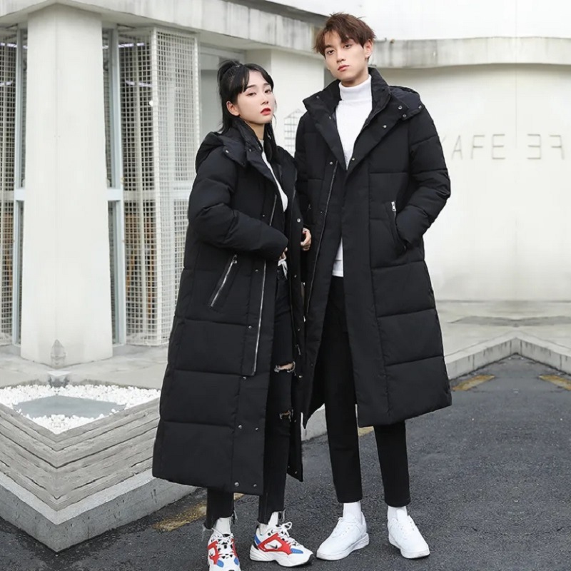 2023 새로운 다운 코튼 패딩 재킷 남자의 긴 무릎 길이 두꺼운 플러스 사이즈 커플 후드 슬림 슈퍼 롱 코트 잘 생긴 패션