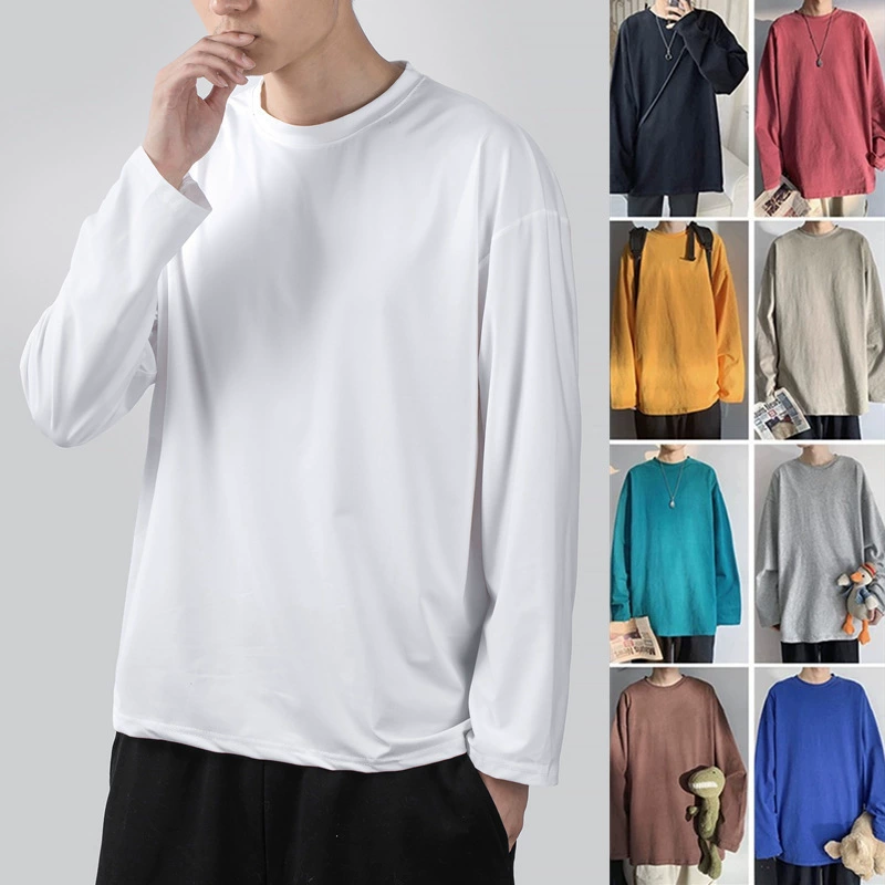 Весенне-осенняя цветная футболка с длинным рукавом, свободная Мужская футболка, топ с круглым вырезом, толстая универсальная Базовая рубашка больших размеров, красивый