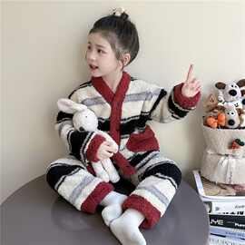 秋冬季儿童法兰绒套装男童女孩保暖加厚珊瑚绒女童加绒家居服套装