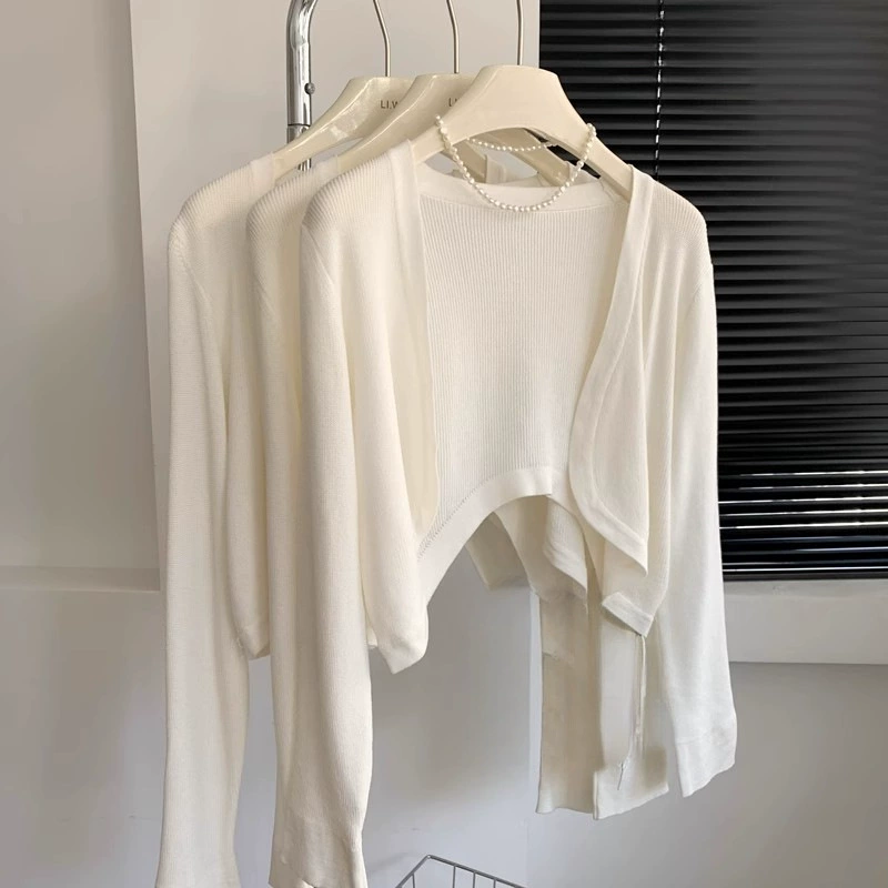 Женская летняя тонкая накидка-кардиган во французском стиле из ледяного шелка, вязаная, с открытым передом, с длинными рукавами, новинка 2025 года, для защиты от солнца