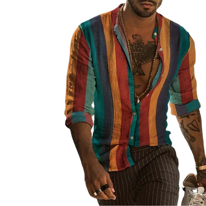 Camisa de los hombres cuello a rayas calle hebilla diaria impresa camisa de manga larga moda casual transpirable forro de los hombres