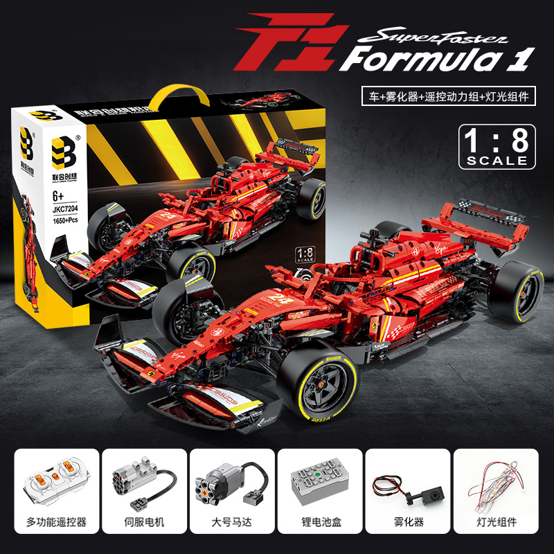 Bloques de Construcción de Alta Dificultad, Coche de Carreras de Fórmula 1 Ferrari, Escala 1:8, con Efecto de Sonido de Llama Trasera Mejorado