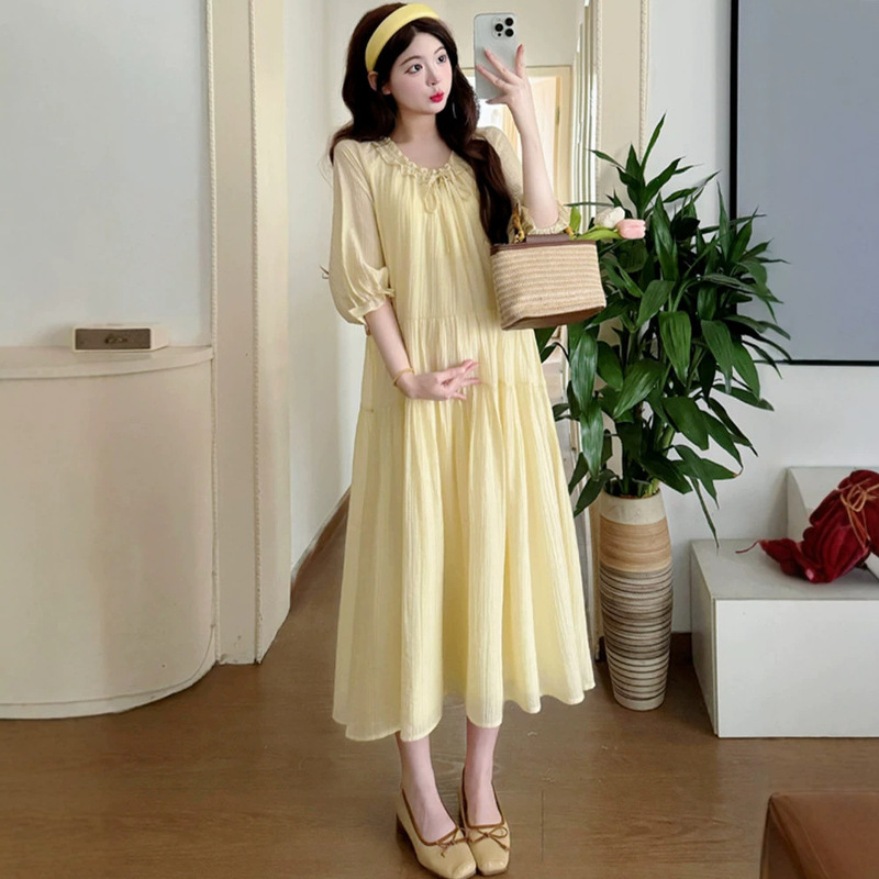 Summer 2026 New Maternity Dress Korean Style Fashionable High-End Solid Color Mid-Length Dress with Five-Quarter Sleeves