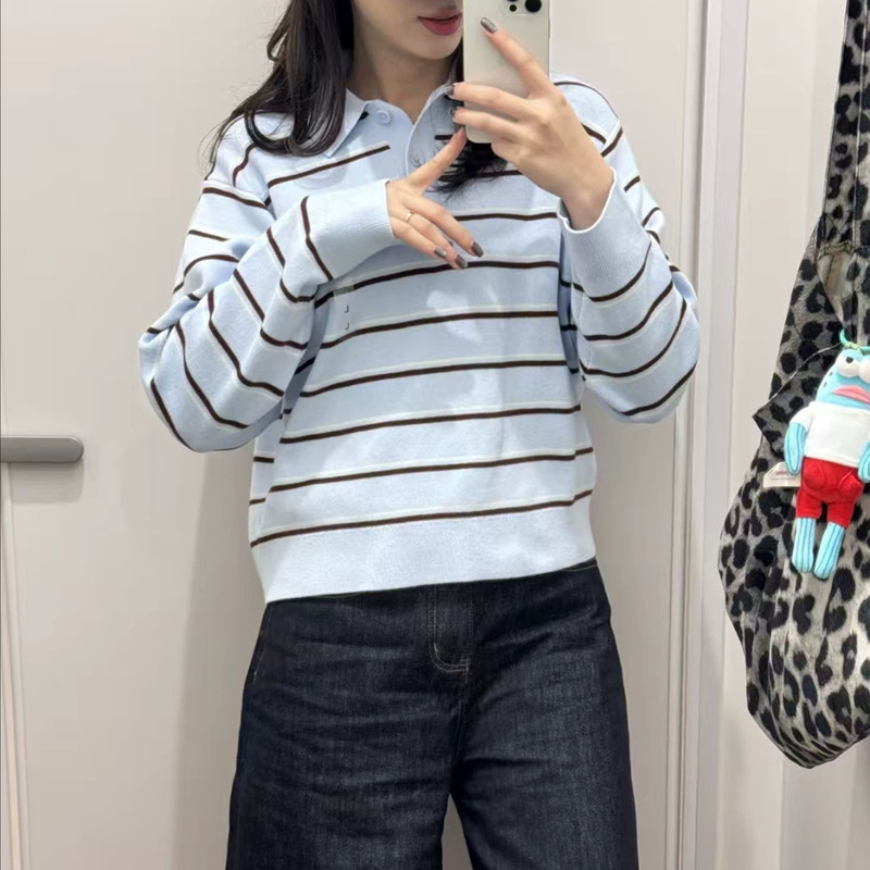 Japanese-Style Polo Collar Design! Unique Striped Knitwear, New Spring Sweater, Soft Cotton 484503