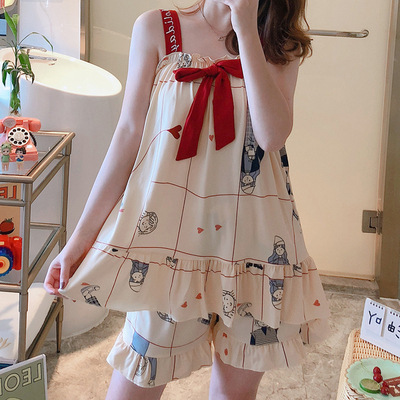 Summer 2024 New Princess Style Sweet Shorts Suit Can Be Worn Outside Trendy Suspender Pajamas Women's Home Wear Two-Piece Set