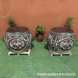 青石麒麟兽头石鼓墩一对园林庭院石雕石墩摆件仿古石柱青石石鼓墩