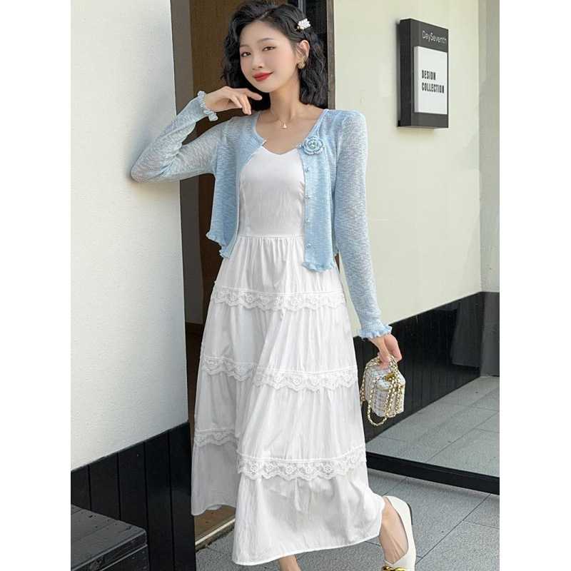 Super Fairy Fairy Style French Gentle Style Blue Cardigan Women's Slim Knitted Top Spring and Summer New Style