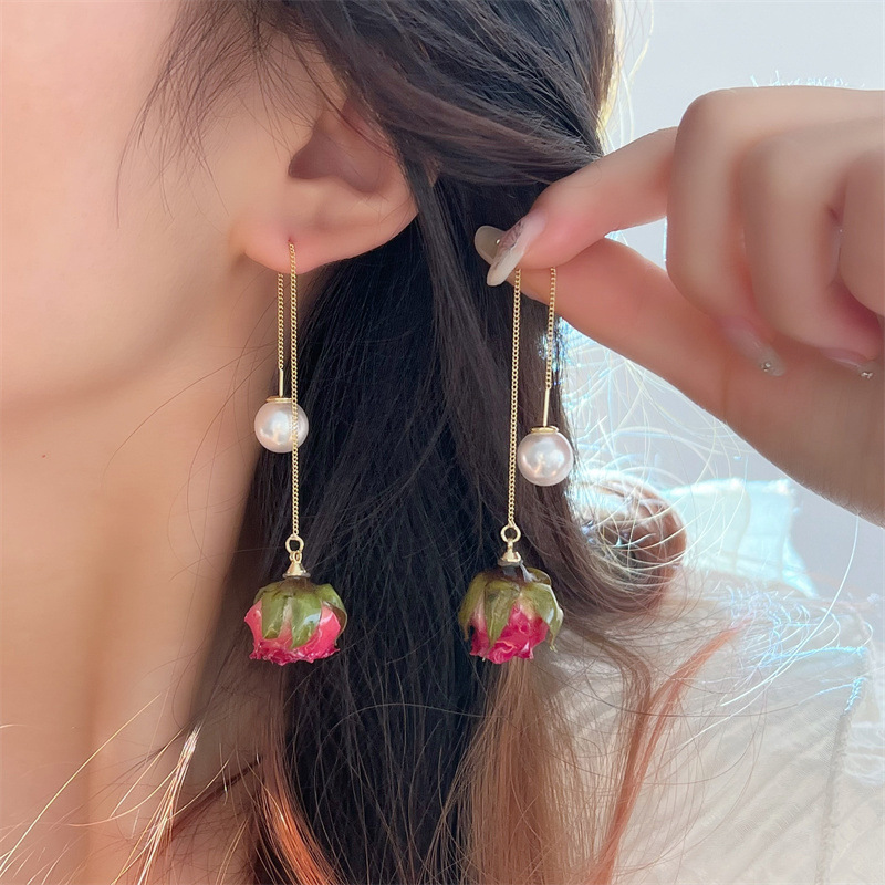 Forest-style immortal everlasting flower earrings, 14K genuine gold plated earring wires, natural dried rose true flower ear drop