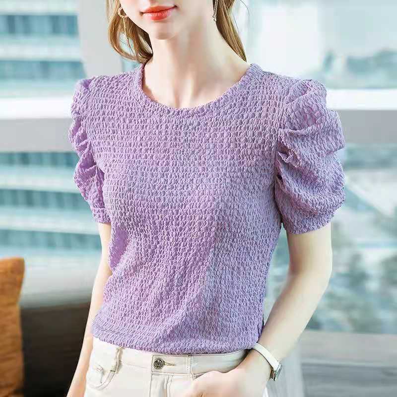 Short-Sleeved T-Shirt for Women in Summer, New Korean Style Versatile Lace Top, Pleated Super Fairy Elegant, Fashionable Chiffon Shirt, Trendy