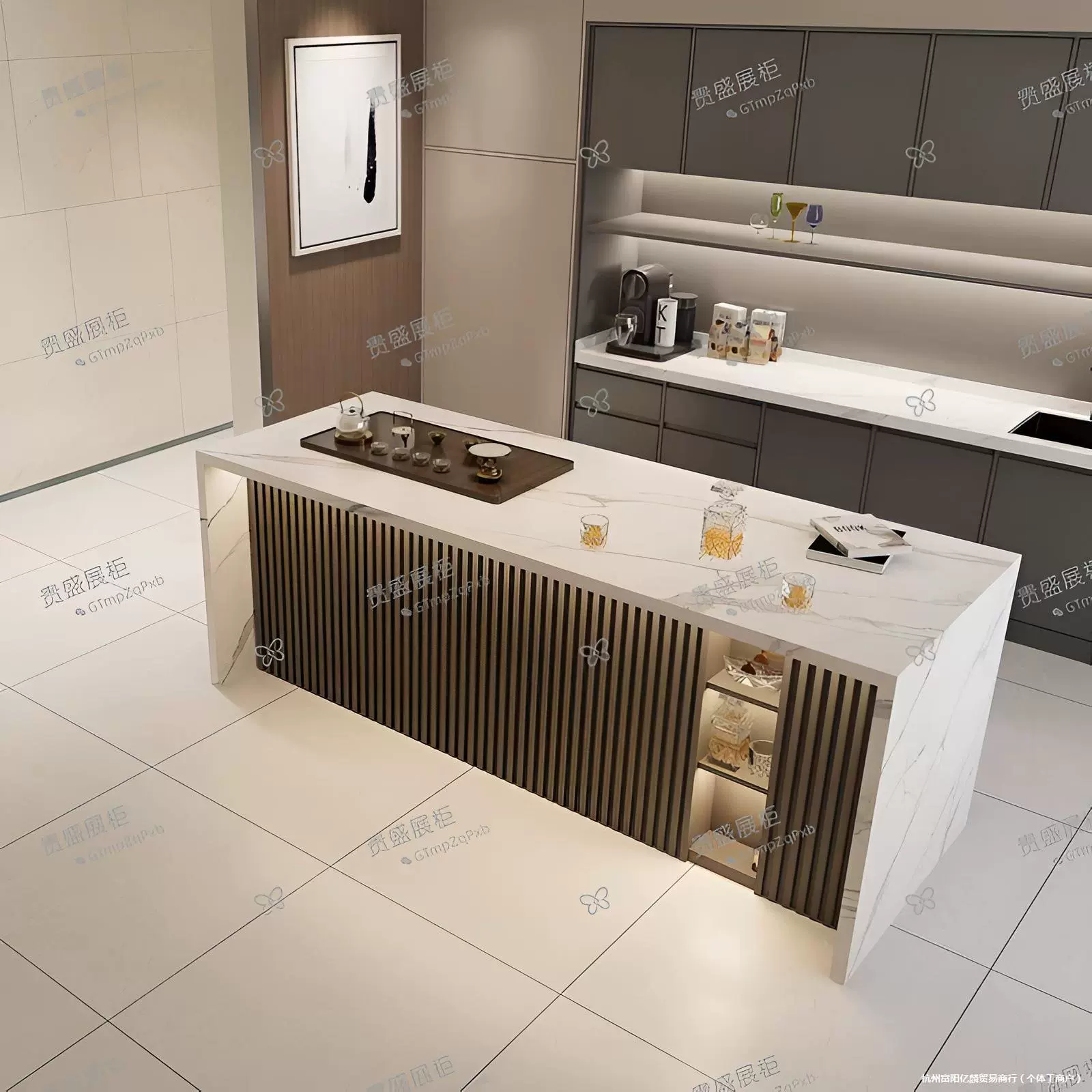 Стол-остров из сланца, отдельная гостиная в индустриальном стиле, мраморный буфет, барная стойка, стол-остров для приготовления пищи, встроенная перегородка