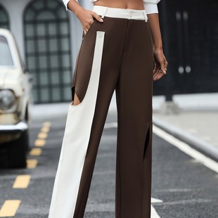 2023 cross-border draping coffee White color matching zipper casual high waist wide leg pants for women