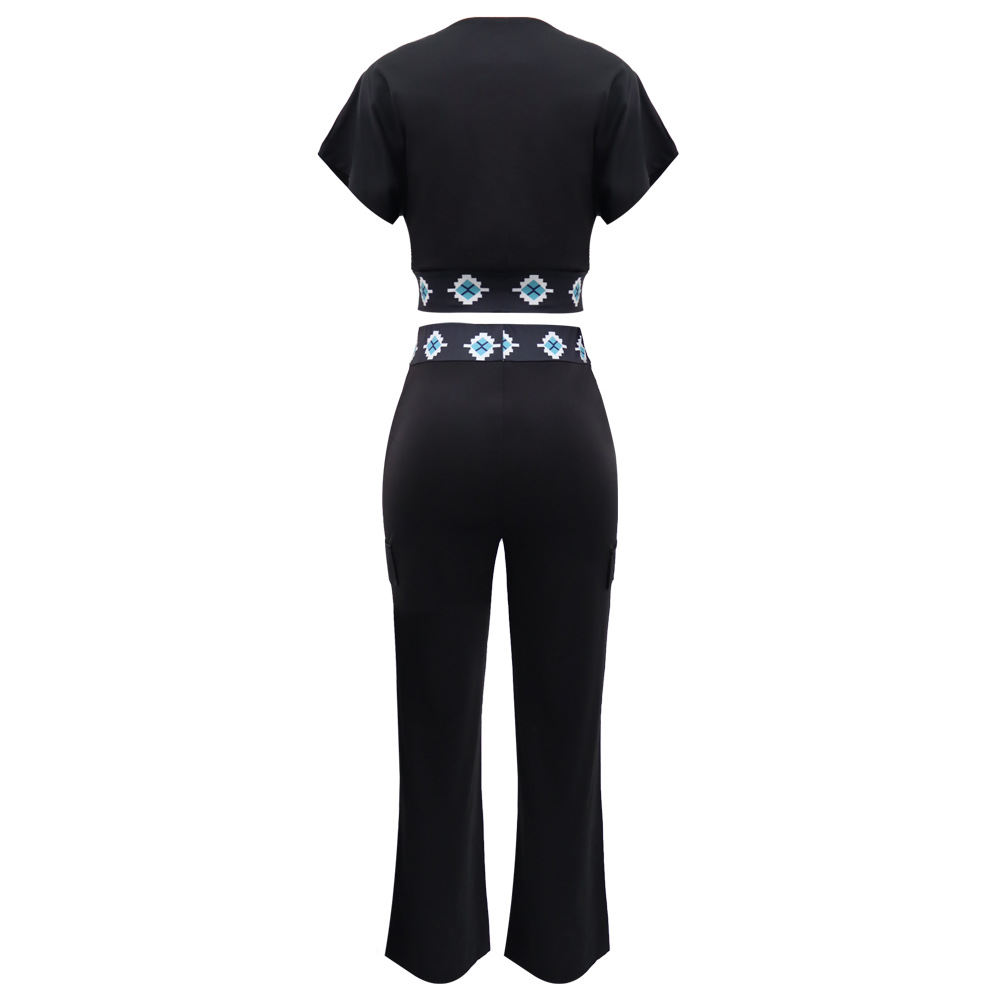 Casual Short Sleeve Coat Women Summer Solid Color All Matching Loose Straight Trousers Two Piece Set