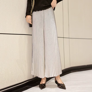 2023年春装新款大码宽松显瘦女士百褶裙裤休闲条纹九分阔腿裤