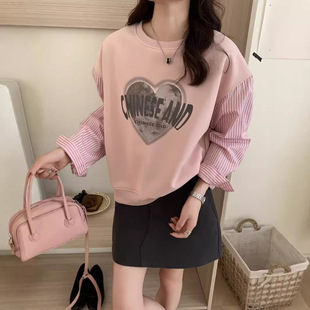 Fake Two-piece plus size Casual Sweaters Autumn New Korean Style Women's All-match Love Letter Striped Sleeve Stitching Top