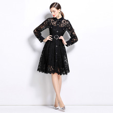 6954实拍秋季新款女装复古翻领镂空钩花连衣裙收腰气质长袖连衣裙