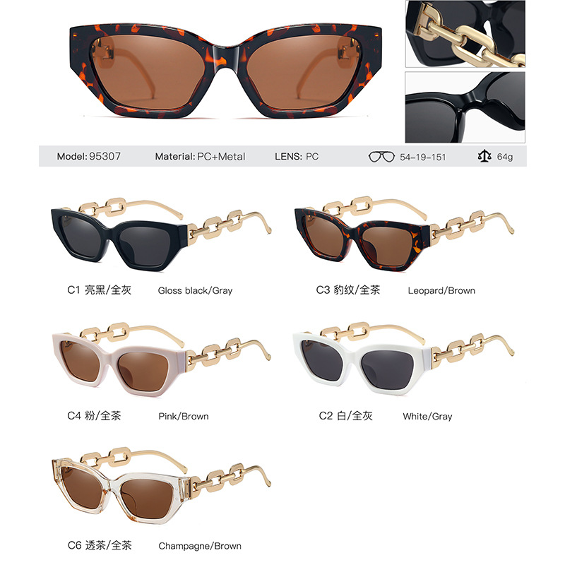 95307 europeo y americano transfronterizo nueva moda pequeño marco gafas de sol personalizada cadena de metal pierna moda sol-prueba gafas de sol