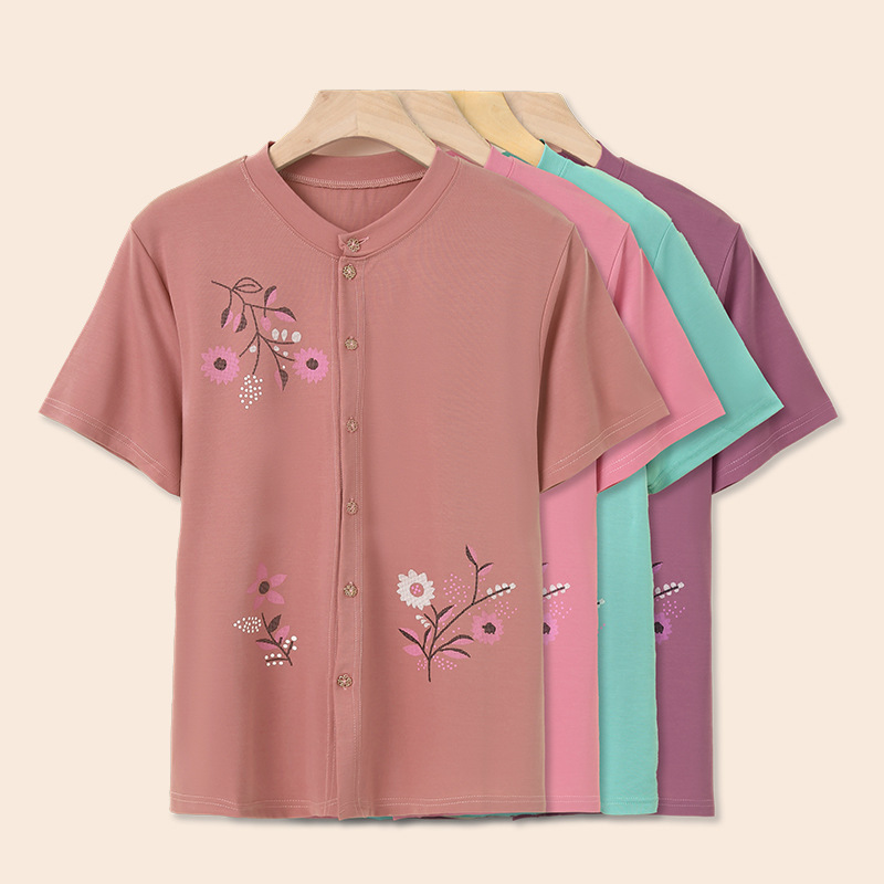 Grandma's Ice Silk Cotton T-shirt Middle-aged and Elderly Summer Women's Top Short-sleeved Loose Large Size Round Neck Cardigan