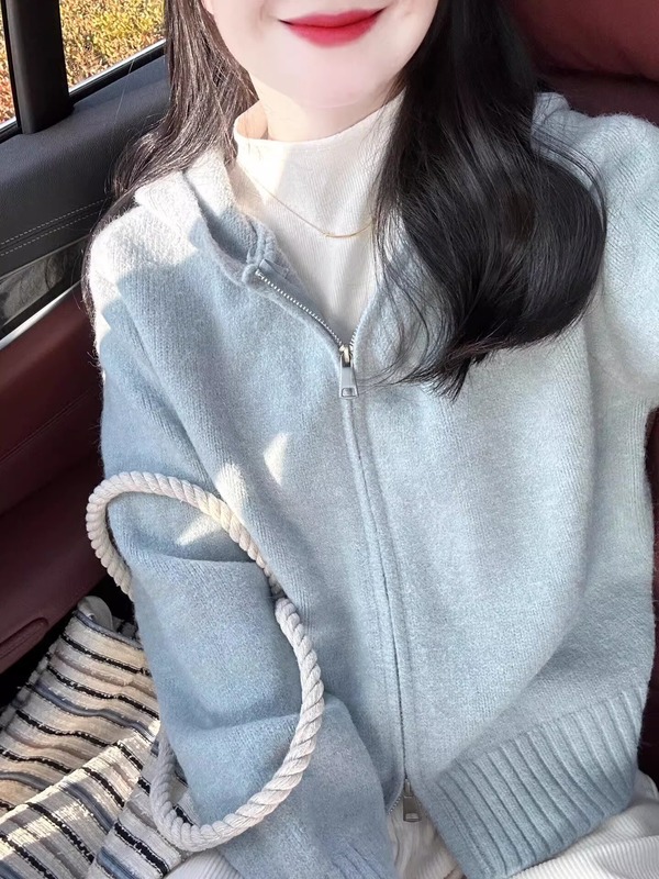 蓝色连帽针织衫春秋装外套女秋冬季宽松甜蜜拉链毛衣开衫短款上衣|undefined