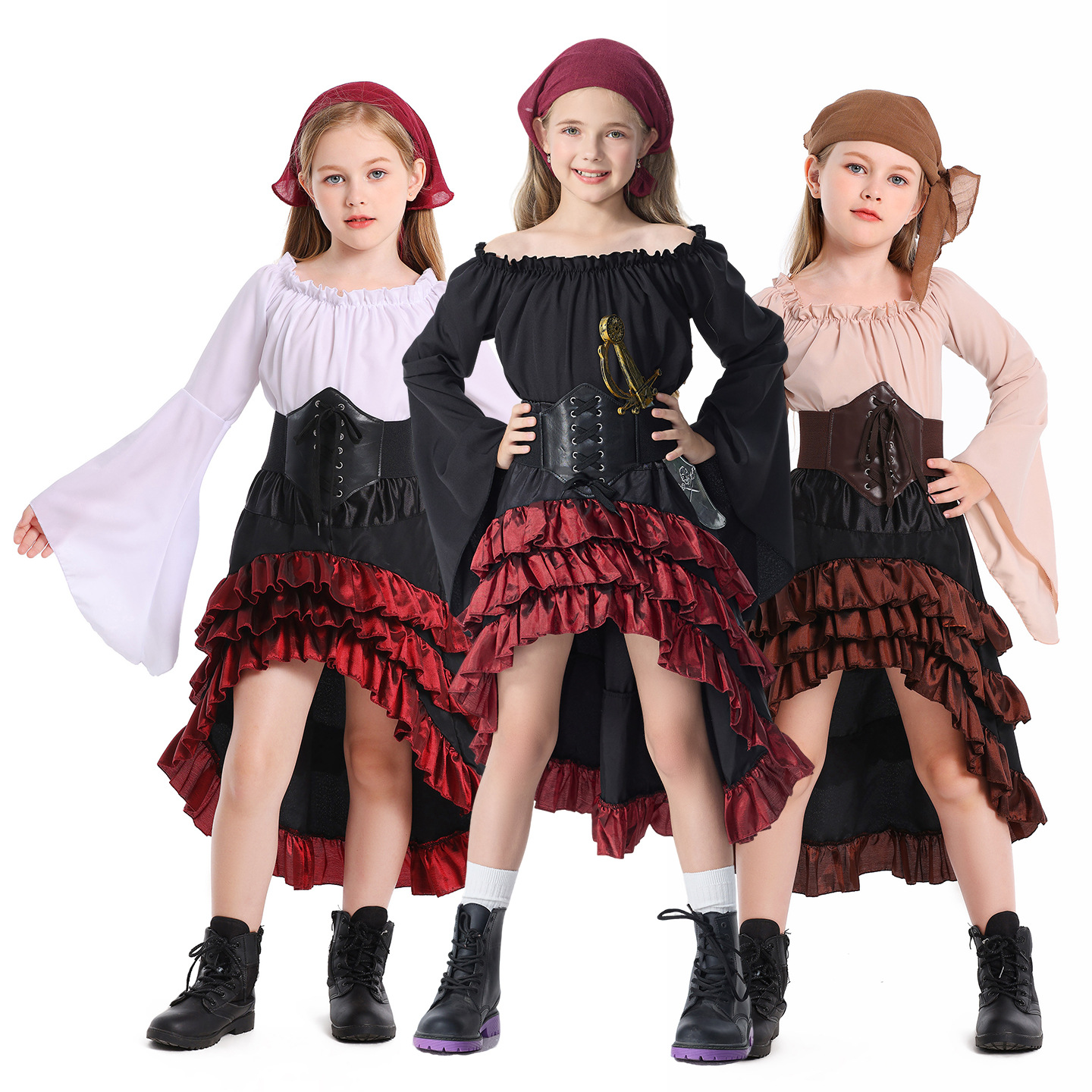 Children's Girls' Pirate Costume Retro Irregular Ruffle Pirate Skirt Halloween Stage Cosplay Party Performance Outfit