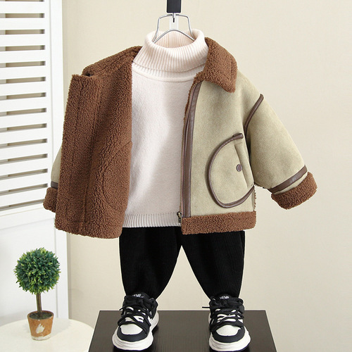 4592 Boys' Fleece Lined Coat Autumn/Winter  New Baby Winter Outfit Faux Fur Wool Coat Children's Wear