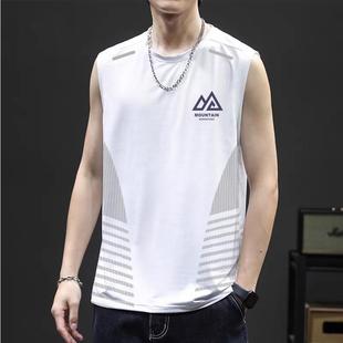 Men's Crewneck Sleeveless Vest Waistcoat Ice Silk Summer Running Upper Body Ice Sports Vest Quick-drying Sleeveless T-shirt