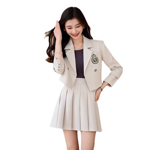 College style suit suit for women spring and autumn new style high-end temperament lady short jacket pleated skirt two-piece set