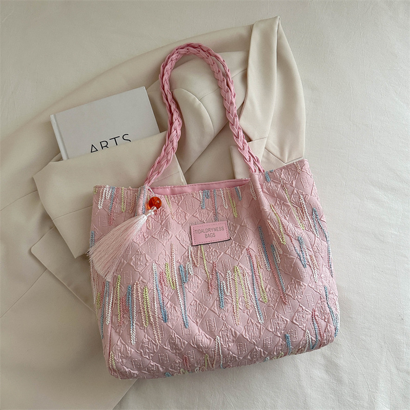 Bolso de gran capacidad para mujeres 2024 verano nuevo bolso de viaje de lona de color contrastante rayas de hombro amplio bolso debajo de la axila