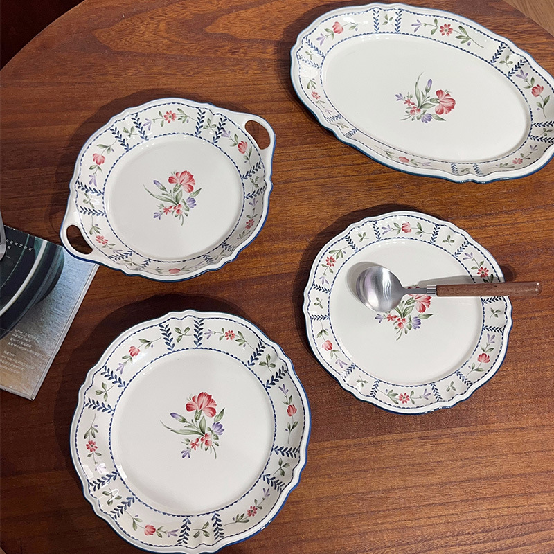 Vintage Flower Plate suit Tableware Vintage Flower Plate Rice Bowl Soup Plate South France Style Ceramic Dinner Plate Fish Plate Bowl