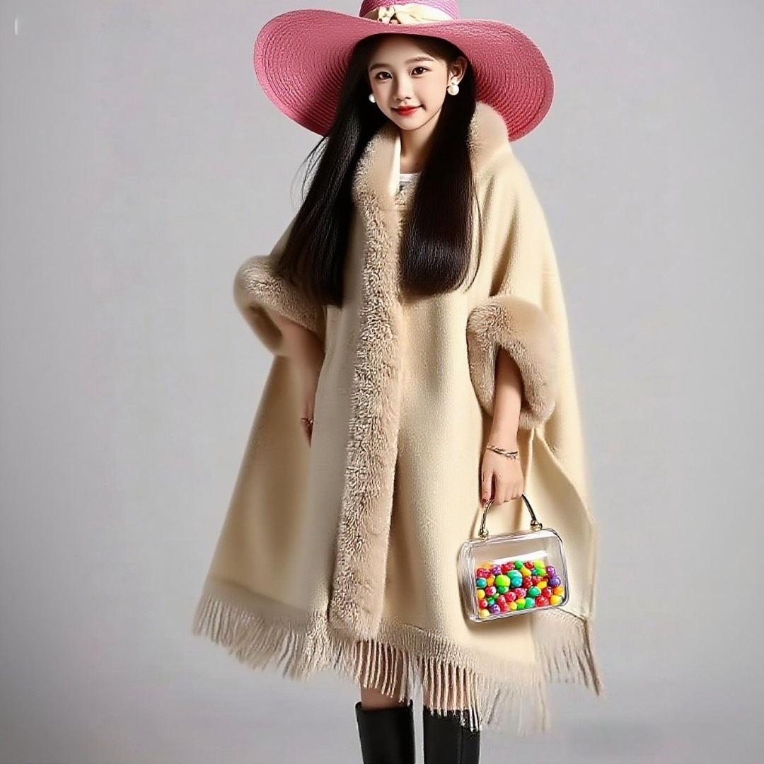 Chaqueta de capa grande con flecos, capa de mujer, calidez artificial, color sólido, estampado, engrosamiento, lana de otoño e invierno, chal europeo y americano