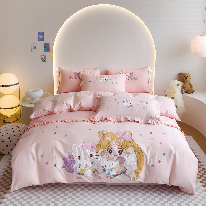 Children's Cotton Four-piece Set Girl's Princess Style Cotton Bed Cover Three-piece Set Cartoon Cute Quilt Cover Bedding
