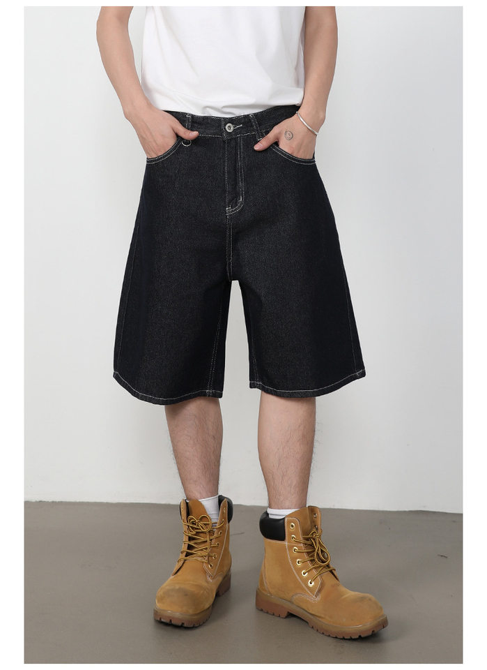 Quần short jean nam lửng ống rộng dáng suông phong cách retro, chất liệu denim thô — Denim đen, Xanh denim chi tiết 15