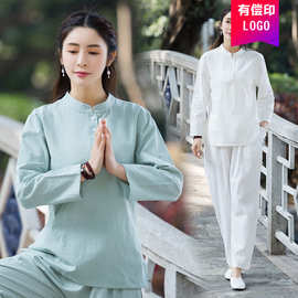 棉麻复古中式盘扣上衣春秋太极服练功服女禅意宽松大码茶服两件套