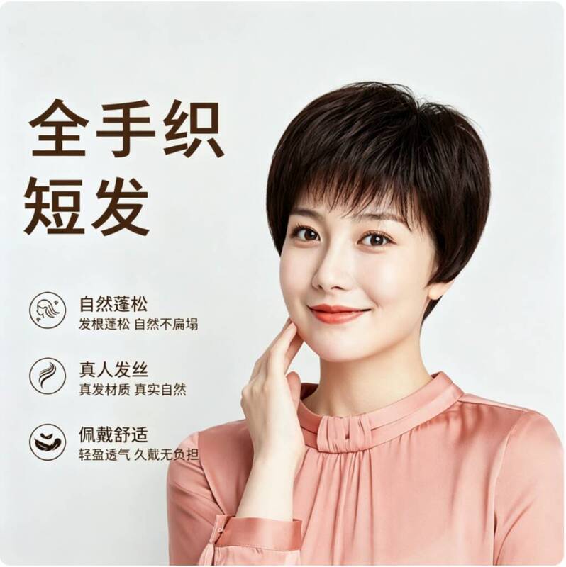 Women's full-head wig made of real human hair, hand-woven short hair style for mothers, suitable for middle-aged and elderly, with natural texture and perm style Women's full-head wig made of real human hair, hand-woven short hair style for mothers, suitable for middle-aged and elderly, with natural texture and perm style
