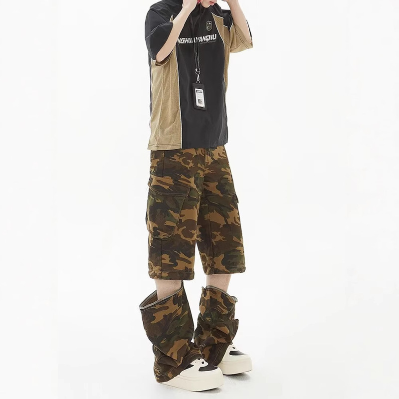 American Retro Camouflage Multi-Pocket Two-Way Jeans for Men, Summer Trendy Loose Straight Wide-Leg Casual Cropped Pants