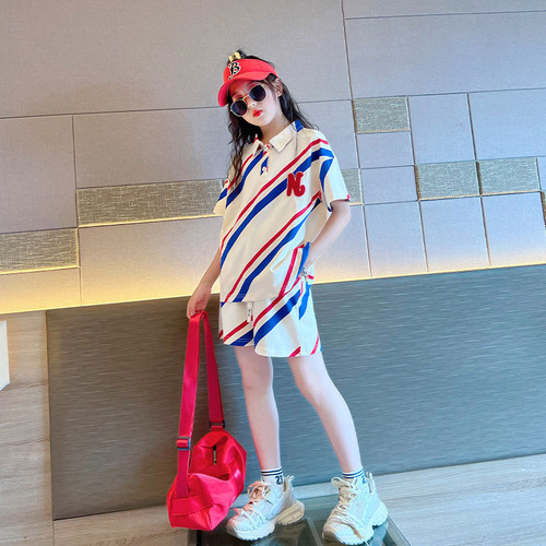 Girls summer sportswear suit  new medium and large children striped T-shirt five-quarter pants loose Korean style two-piece trendy set