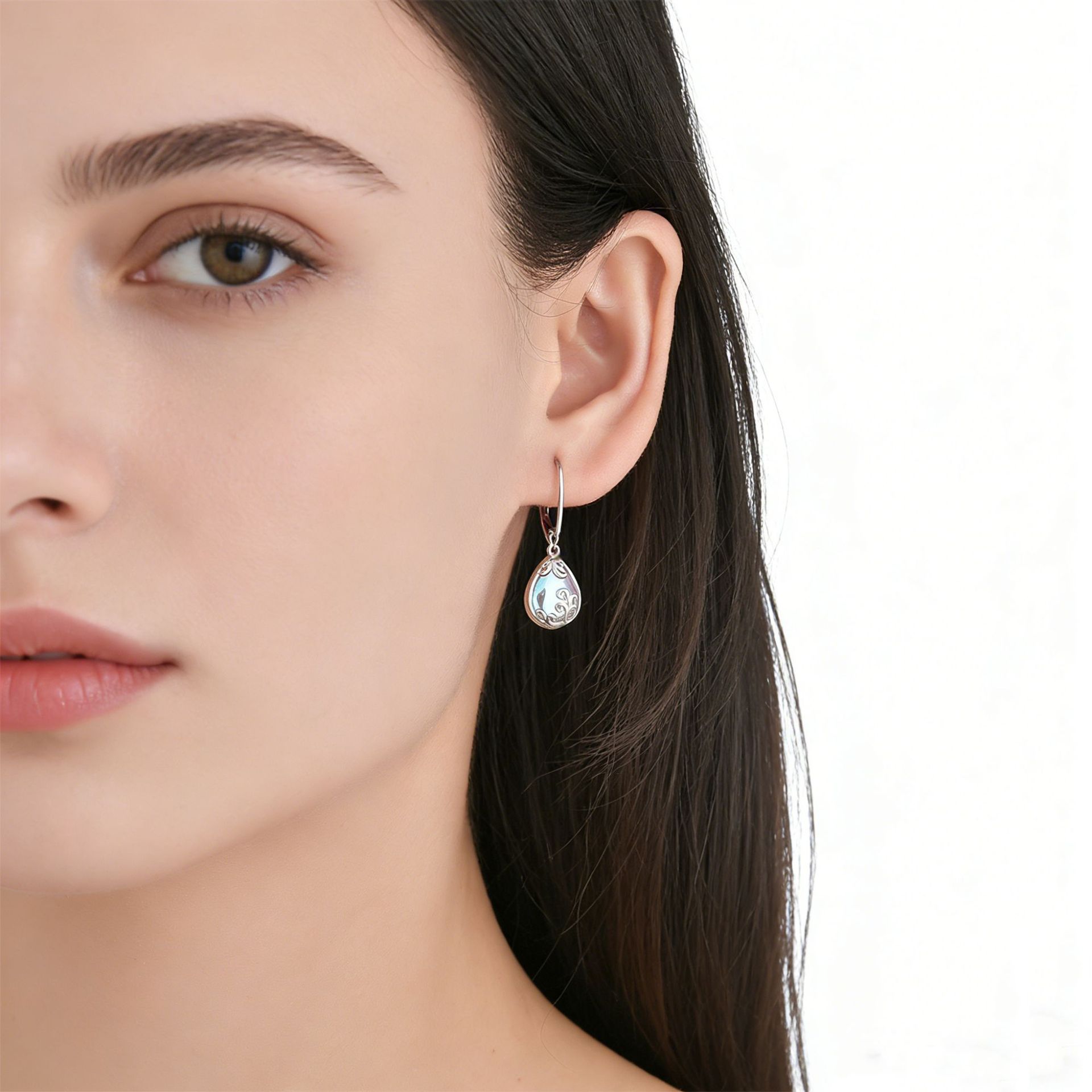 TEMU transfronterizo S925 plata esterlina pendientes de piedra de luna mujeres nicho de diseño de pendientes europeos y estadounidenses sencillos pendientes de alta calidad