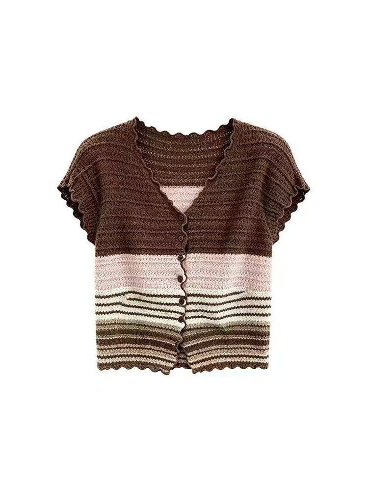 Áo cardigan nữ cổ chữ V tay ngắn viền ren sọc nhiều màu phong cách Hàn Quốc — màu sắc