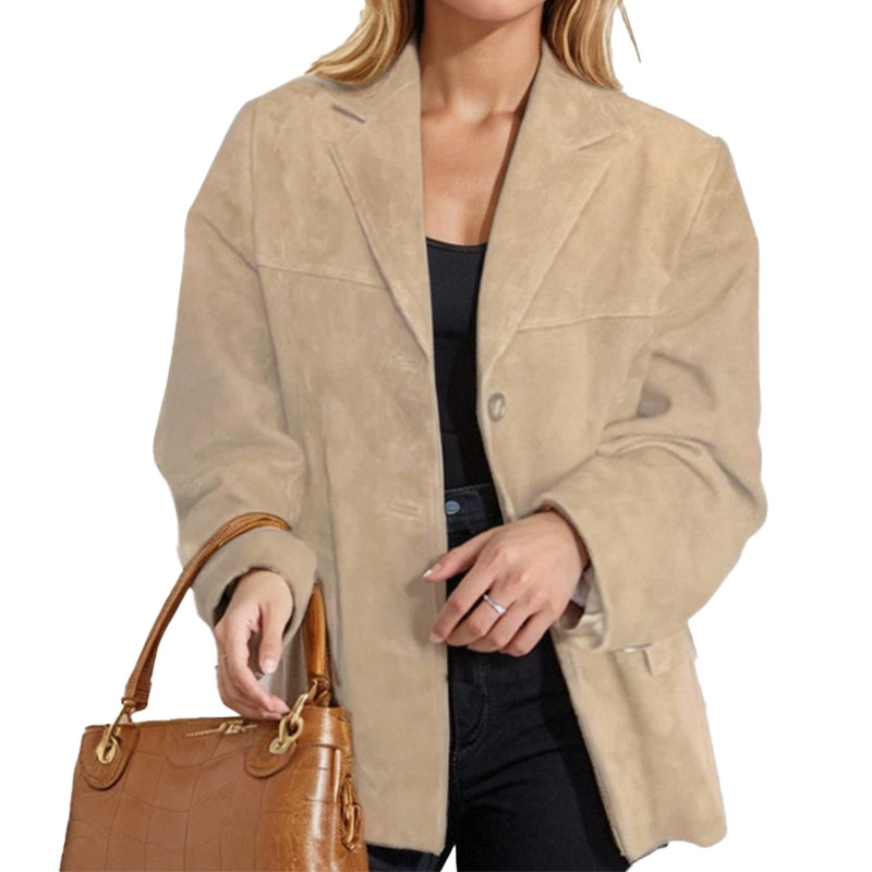 Women's Stylish Vintage Brown Loose-Pocket Long-Sleeved Suit Jacket_ecoleips.com