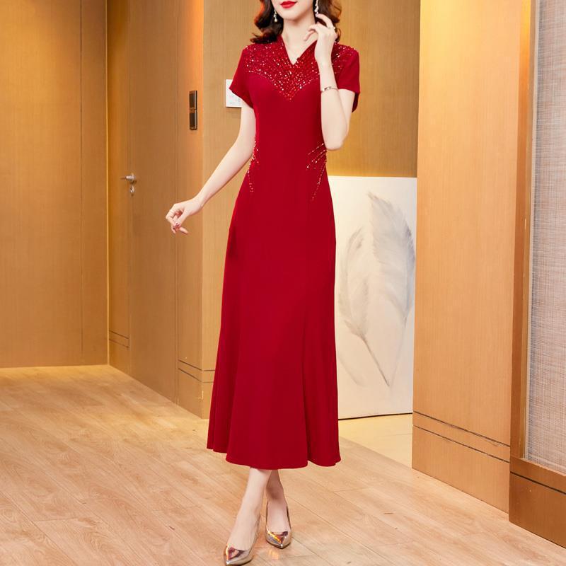 Young Mother Wedding Long Improved Acetate Forged Cheongsam dress 2022 Mother-in-law Dinner Dress Noble