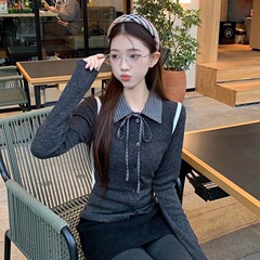 韩系复古格子polo领系带针织衫女春秋新款学院风修身内搭长袖上衣