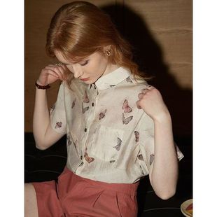 Kuhn's Commuter Butterfly Print Polo Collar Shirt Women's 2025 Summer New Casual Niche Slimming Look Top