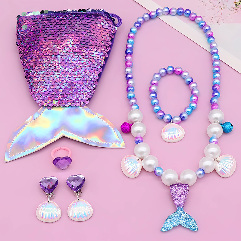 부드러운 원사 보라색 공주 물고기 꼬리 목걸이 가방 세트