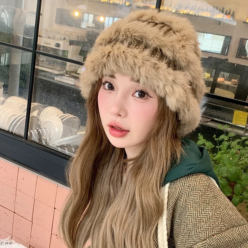 大头围毛线帽子女秋冬仿兔毛针织帽显脸小保暖护耳皮草滑雪包头帽|undefined