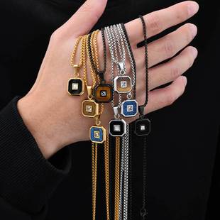 European and American jewelry stainless steel lapis lazulio zircon square pendant gold necklace men's PN-2074